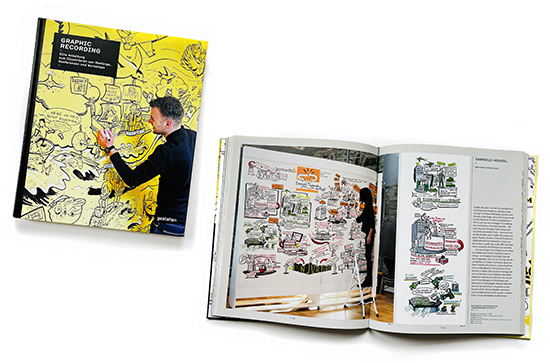 Buchseite und Cover des gestalten Verlags Graphicrecording von Gabriele